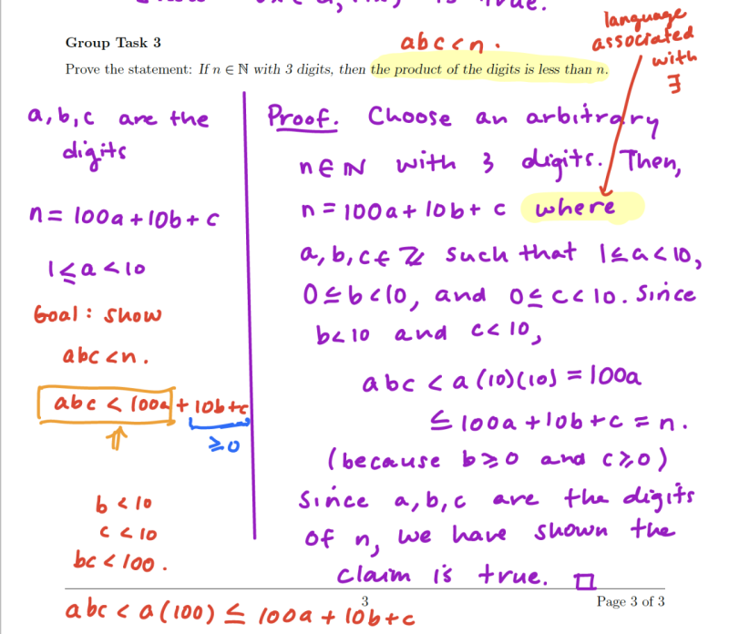 image of instructor notes separating solving for a proof from writing the proof up
